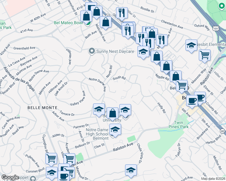 map of restaurants, bars, coffee shops, grocery stores, and more near in Belmont