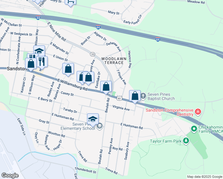 map of restaurants, bars, coffee shops, grocery stores, and more near 2265 East 9 Mile Road in Sandston