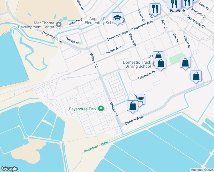 map of restaurants, bars, coffee shops, grocery stores, and more near 37517 Bay Crest Road in Newark