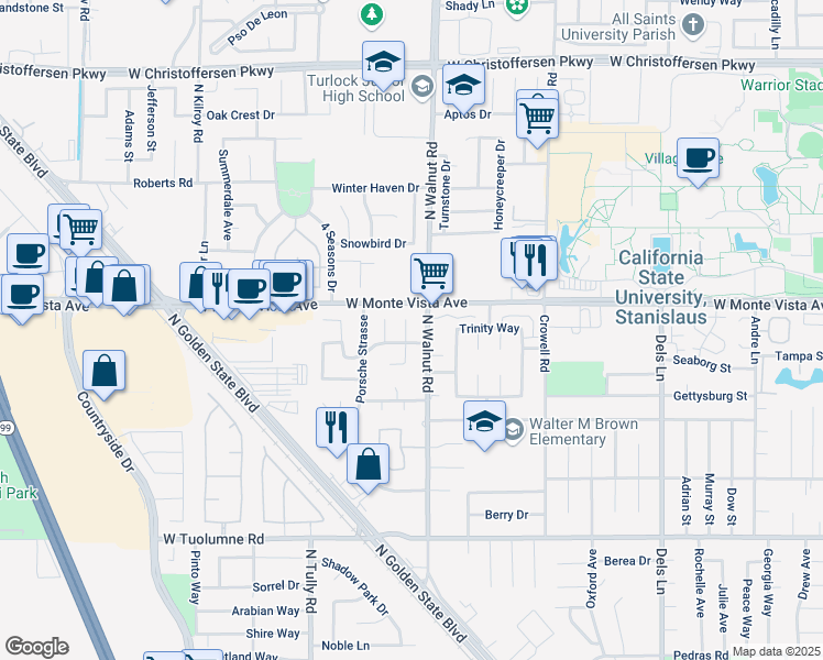 map of restaurants, bars, coffee shops, grocery stores, and more near 3130 McKinley Place in Turlock