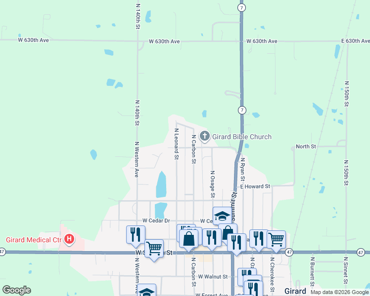 map of restaurants, bars, coffee shops, grocery stores, and more near 351 West Northern Avenue in Girard