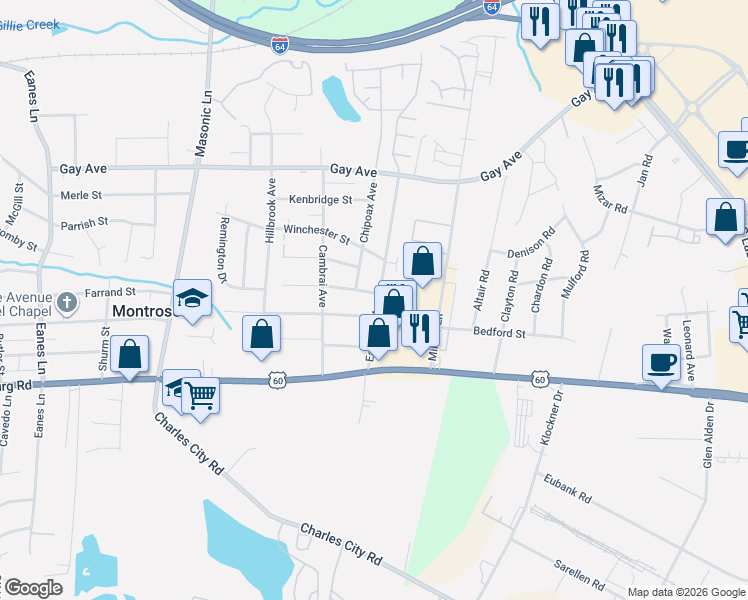 map of restaurants, bars, coffee shops, grocery stores, and more near 3219 Danville Street in Richmond
