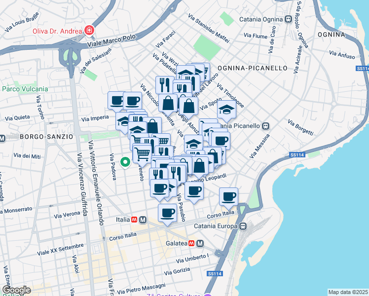 map of restaurants, bars, coffee shops, grocery stores, and more near 20 Via Falsaperla in Catania