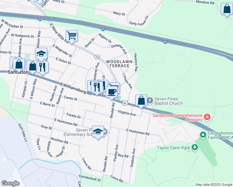 map of restaurants, bars, coffee shops, grocery stores, and more near 2265 East 9 Mile Road in Sandston