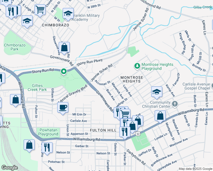 map of restaurants, bars, coffee shops, grocery stores, and more near 4400 Bunn Avenue in Richmond