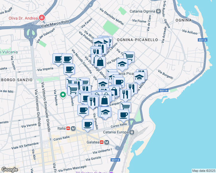 map of restaurants, bars, coffee shops, grocery stores, and more near 85 Via Antonio Santangelo Fulci in Catania