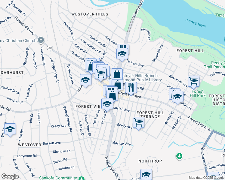 map of restaurants, bars, coffee shops, grocery stores, and more near Westover Hills Blvd & Forest Hill Ave in Richmond