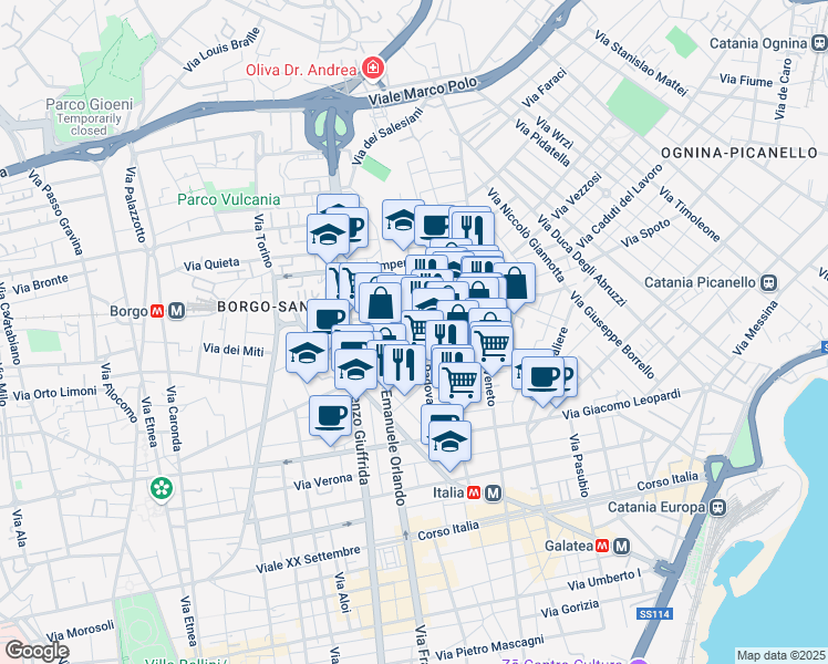 map of restaurants, bars, coffee shops, grocery stores, and more near 58 Via Cagliari in Catania