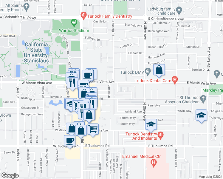 map of restaurants, bars, coffee shops, grocery stores, and more near 3118 James Lane in Turlock