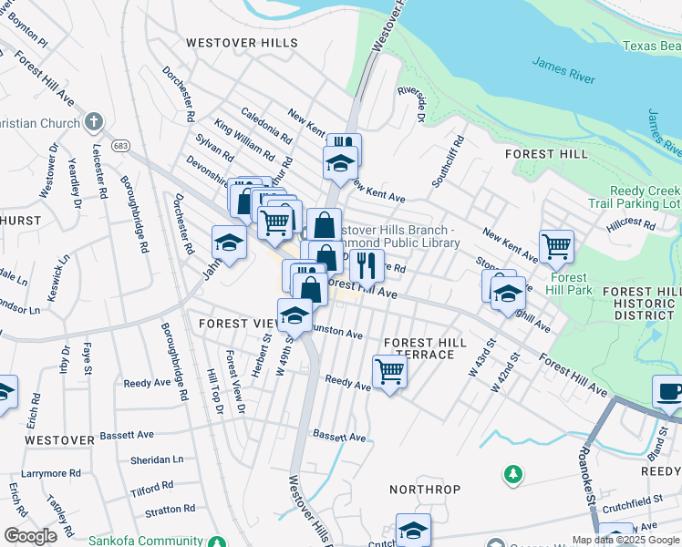 map of restaurants, bars, coffee shops, grocery stores, and more near 4715 Forest Hill Avenue in Richmond