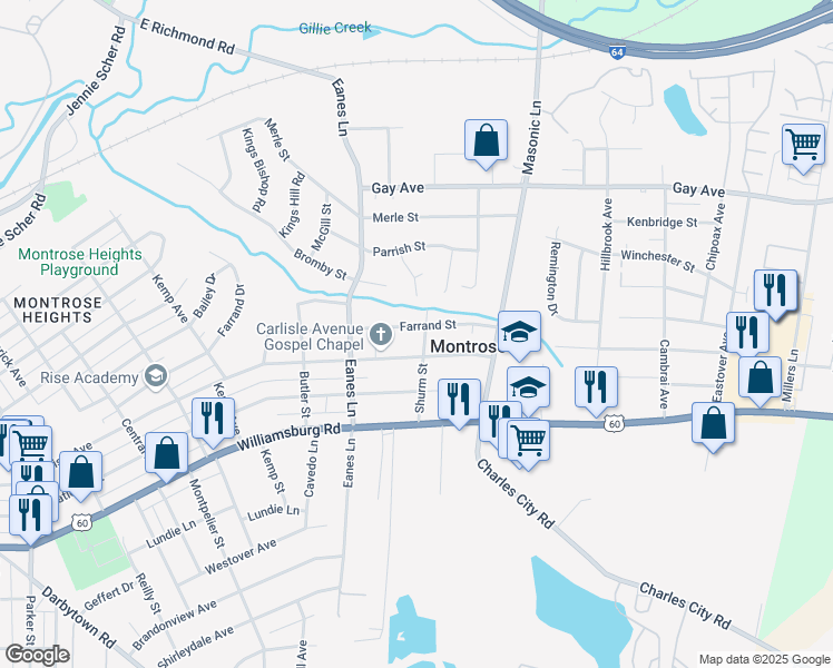 map of restaurants, bars, coffee shops, grocery stores, and more near 2523 Farrand Street in Richmond