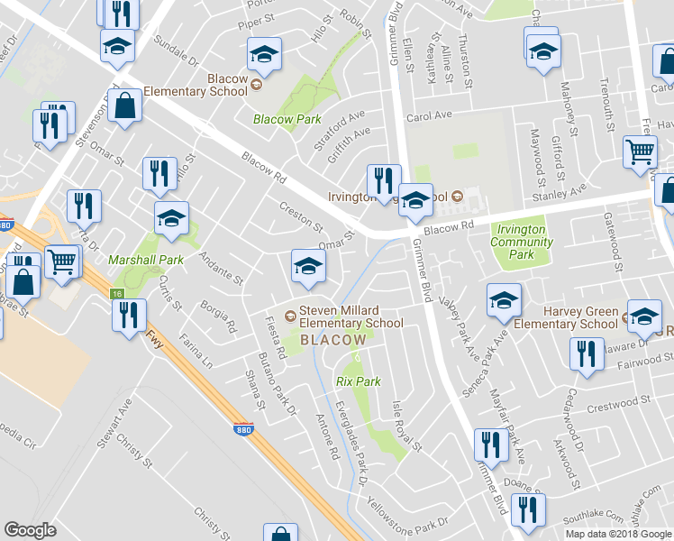 map of restaurants, bars, coffee shops, grocery stores, and more near 4844 Mauna Loa Park Drive in Fremont