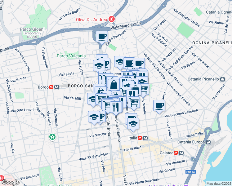 map of restaurants, bars, coffee shops, grocery stores, and more near 50-58 Via Cagliari in Catania