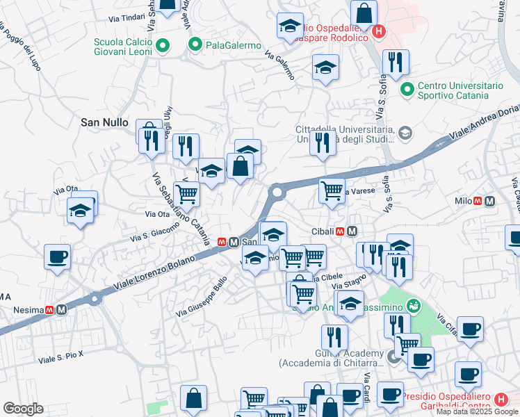 map of restaurants, bars, coffee shops, grocery stores, and more near 5 Via San Nullo in Catania