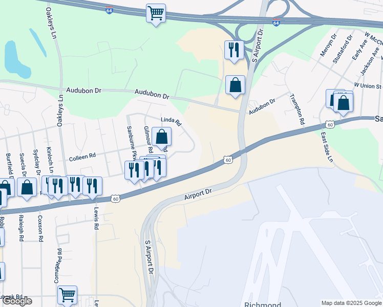 map of restaurants, bars, coffee shops, grocery stores, and more near 5726 Linda Road in Sandston
