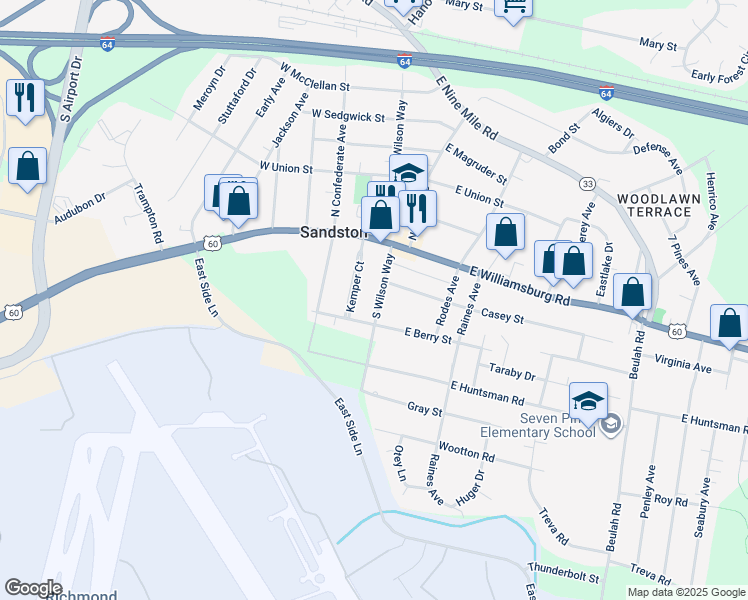 map of restaurants, bars, coffee shops, grocery stores, and more near 17 South Wilson Way in Sandston