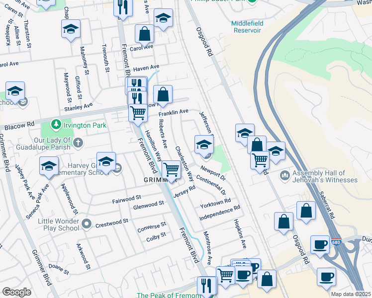 map of restaurants, bars, coffee shops, grocery stores, and more near 42861 Newport Drive in Fremont