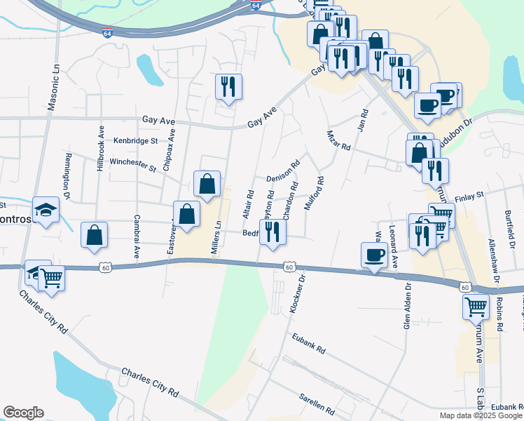 map of restaurants, bars, coffee shops, grocery stores, and more near 4904 Clayton Road in Richmond