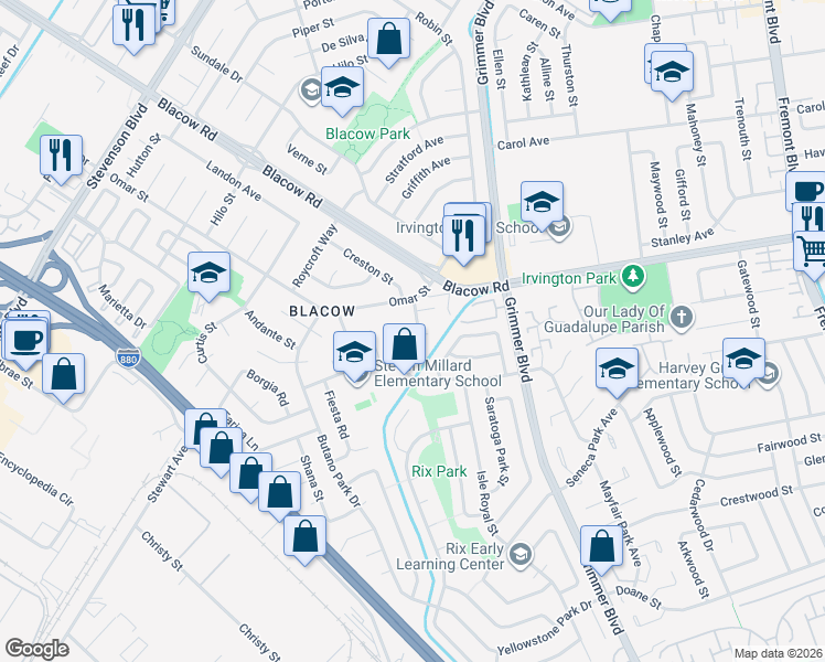 map of restaurants, bars, coffee shops, grocery stores, and more near 4844 Mauna Loa Park Drive in Fremont