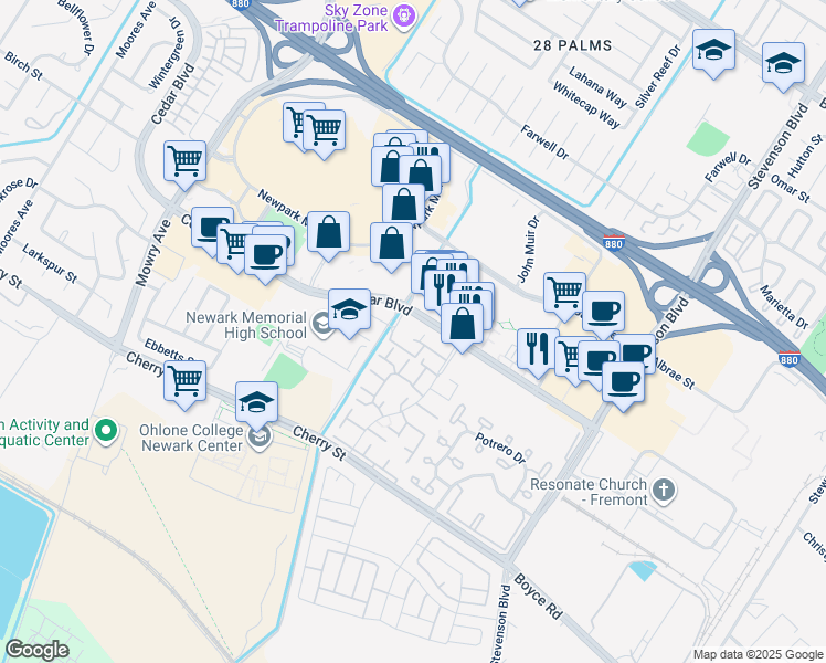 map of restaurants, bars, coffee shops, grocery stores, and more near 6023 Cedar Boulevard in Newark