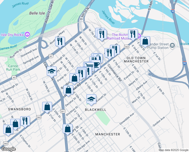 map of restaurants, bars, coffee shops, grocery stores, and more near in Richmond