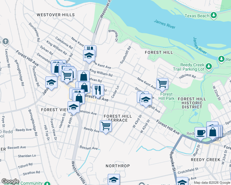 map of restaurants, bars, coffee shops, grocery stores, and more near 1406 Cedar Lane in Richmond