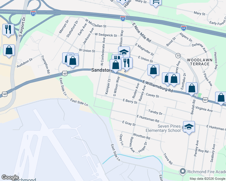 map of restaurants, bars, coffee shops, grocery stores, and more near 16 Kemper Court in Sandston