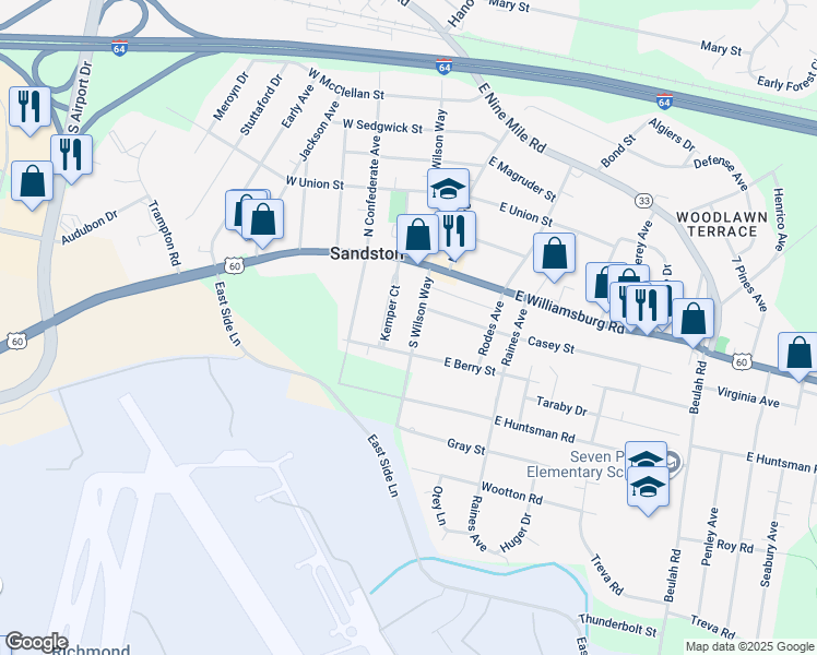 map of restaurants, bars, coffee shops, grocery stores, and more near 17 South Wilson Way in Sandston