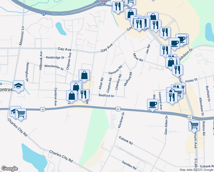 map of restaurants, bars, coffee shops, grocery stores, and more near 4904 Clayton Road in Richmond