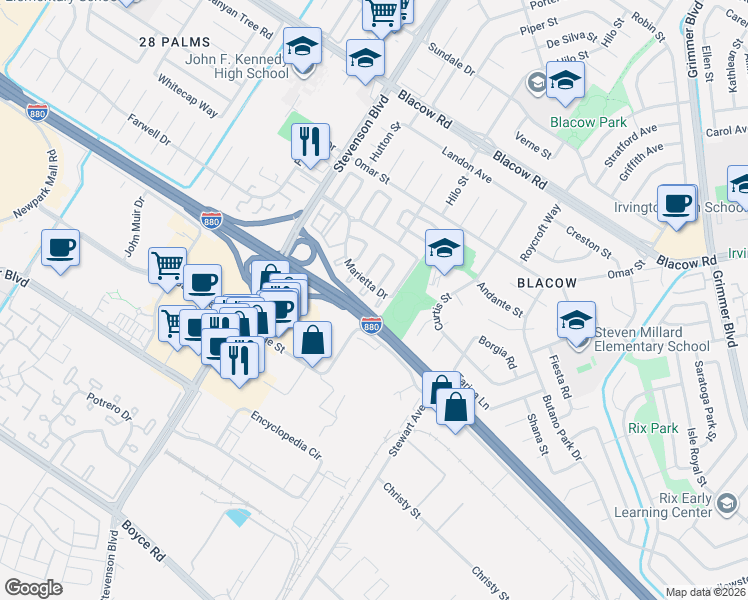 map of restaurants, bars, coffee shops, grocery stores, and more near 5317 Curtis Street in Fremont