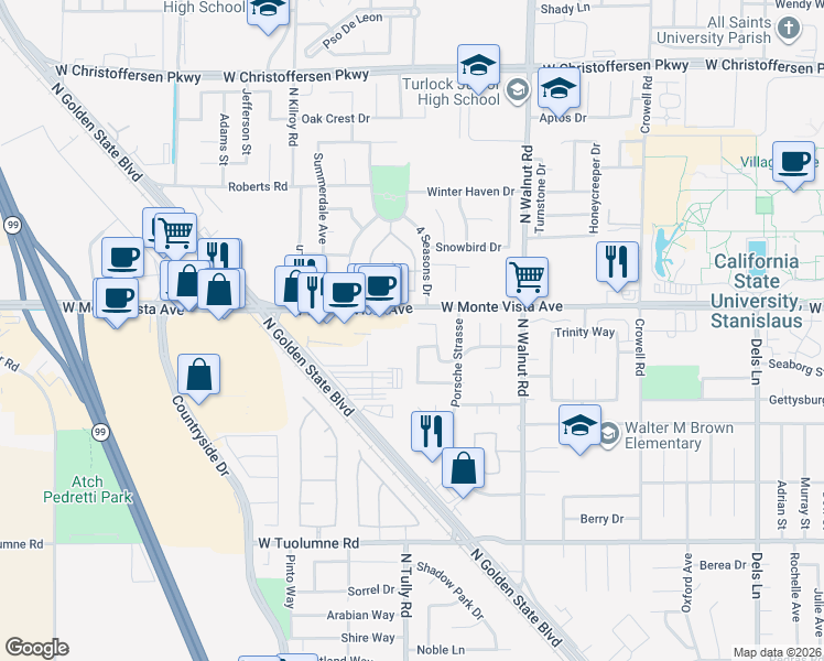 map of restaurants, bars, coffee shops, grocery stores, and more near 1892 Ethan Allen Court in Turlock