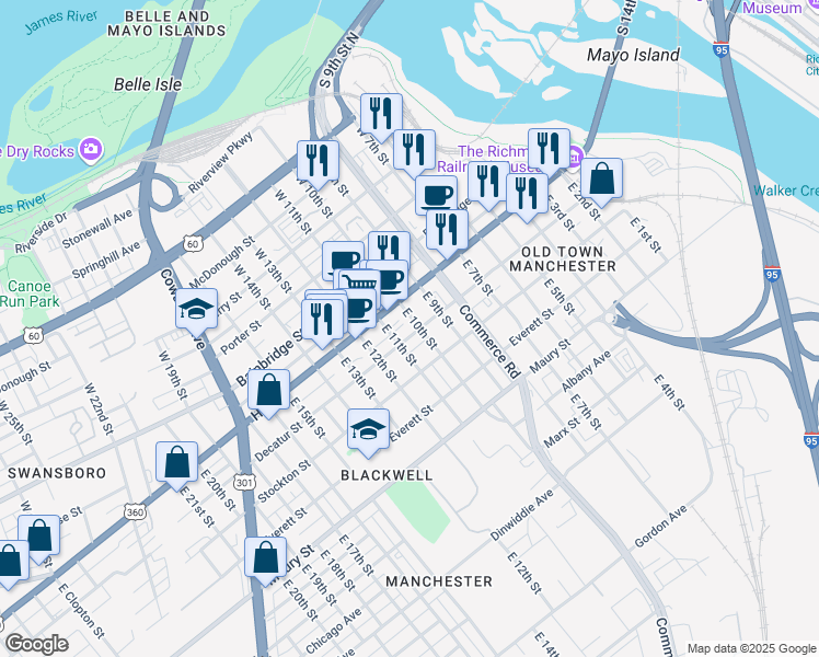 map of restaurants, bars, coffee shops, grocery stores, and more near 1001 Decatur Street in Richmond