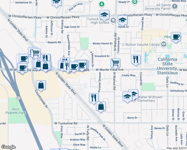 map of restaurants, bars, coffee shops, grocery stores, and more near 3137 Ethan Allen Lane in Turlock