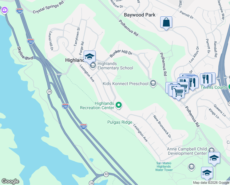 map of restaurants, bars, coffee shops, grocery stores, and more near 1719 Yorktown Road in San Mateo