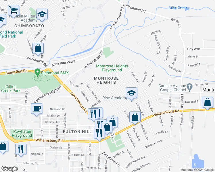 map of restaurants, bars, coffee shops, grocery stores, and more near 4600 Central Avenue in Richmond