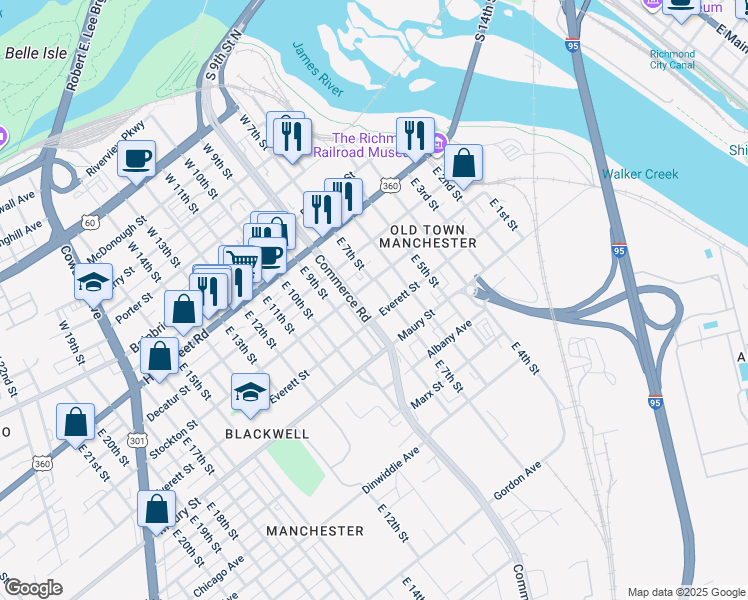 map of restaurants, bars, coffee shops, grocery stores, and more near 209 Commerce Road in Richmond