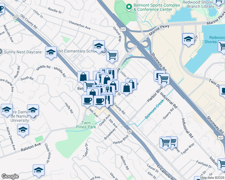 map of restaurants, bars, coffee shops, grocery stores, and more near 1050 Elmer Street in Belmont
