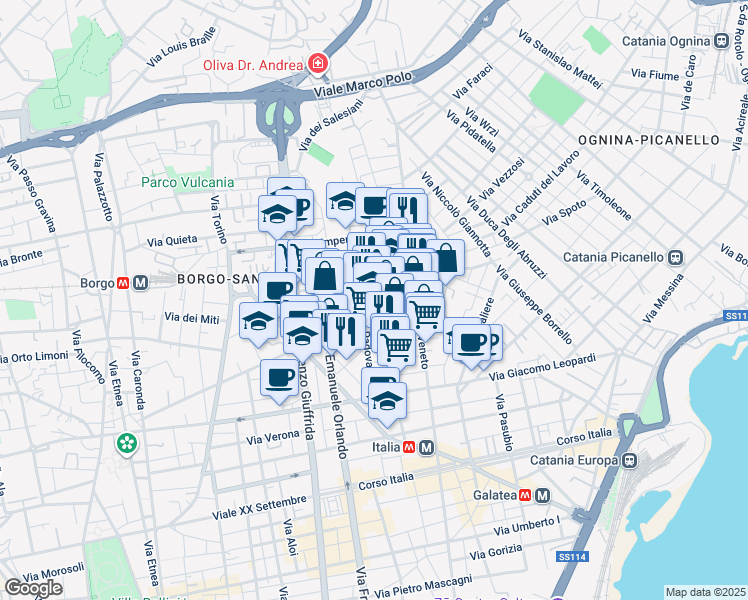 map of restaurants, bars, coffee shops, grocery stores, and more near 68 Via Cagliari in Catania
