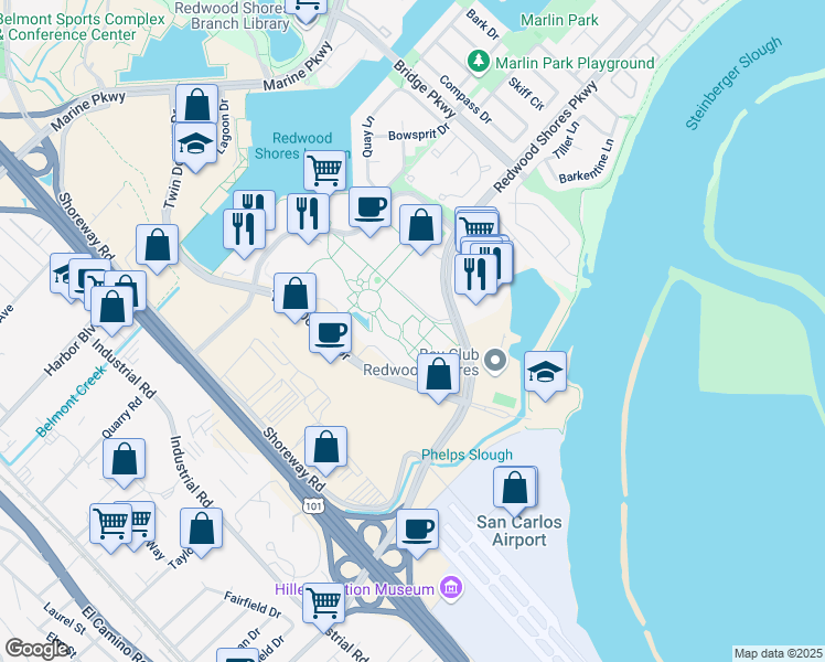 map of restaurants, bars, coffee shops, grocery stores, and more near 203 Redwood Shores Parkway in Redwood City