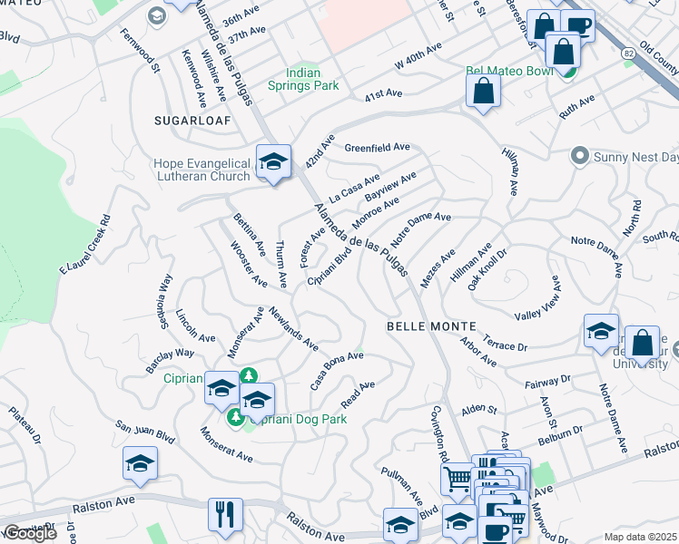 map of restaurants, bars, coffee shops, grocery stores, and more near 2111 Cipriani Boulevard in Belmont