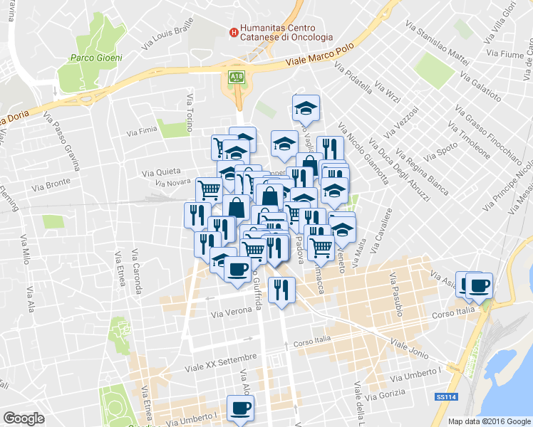 map of restaurants, bars, coffee shops, grocery stores, and more near 155 Via Vittorio Emanuele Orlando in Catania