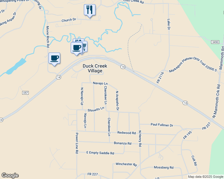 map of restaurants, bars, coffee shops, grocery stores, and more near 1070 East Navajo Loop in Duck Creek Village