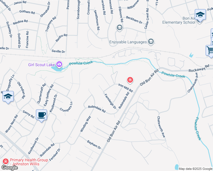 map of restaurants, bars, coffee shops, grocery stores, and more near 10322 Iron Mill Road in Richmond