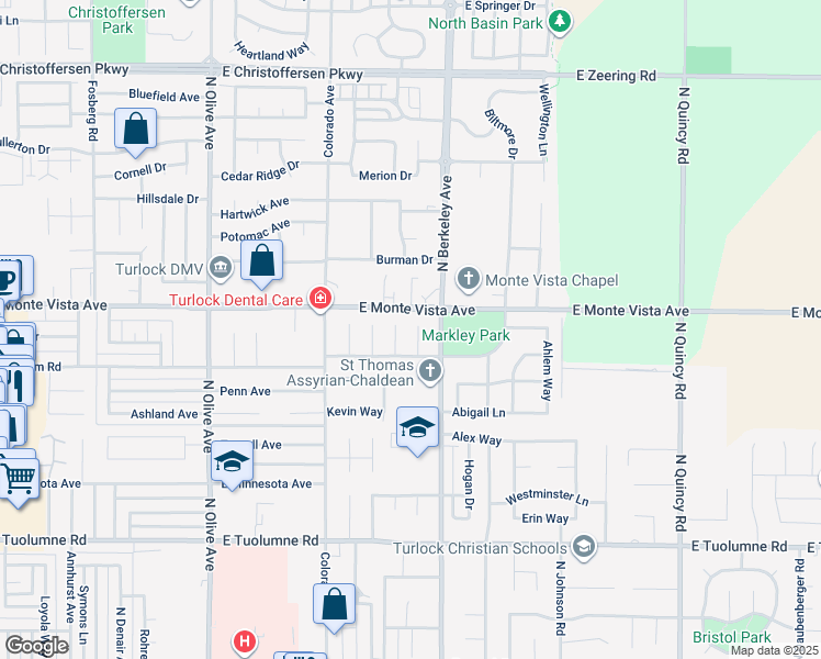 map of restaurants, bars, coffee shops, grocery stores, and more near 3122 Kendra Court in Turlock