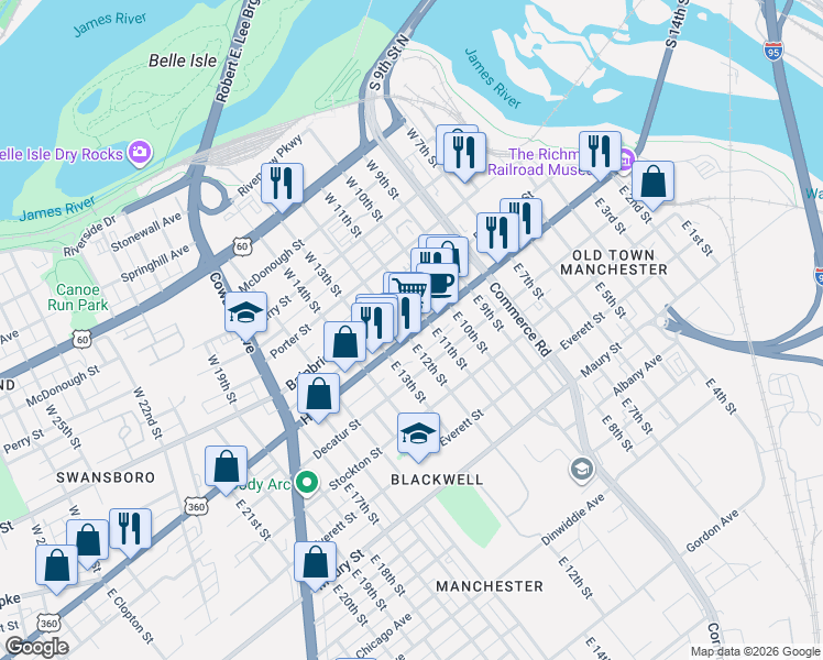 map of restaurants, bars, coffee shops, grocery stores, and more near 1125 Hull Street in Richmond