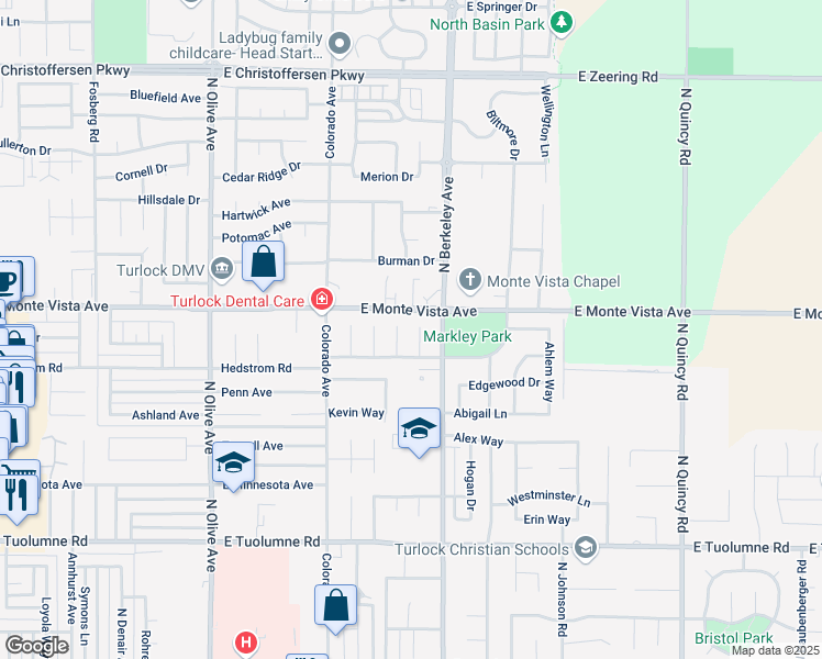 map of restaurants, bars, coffee shops, grocery stores, and more near 3122 Kendra Court in Turlock