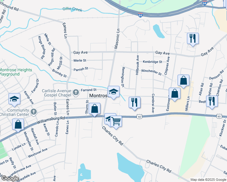 map of restaurants, bars, coffee shops, grocery stores, and more near 4807 Brittles Lane in Richmond