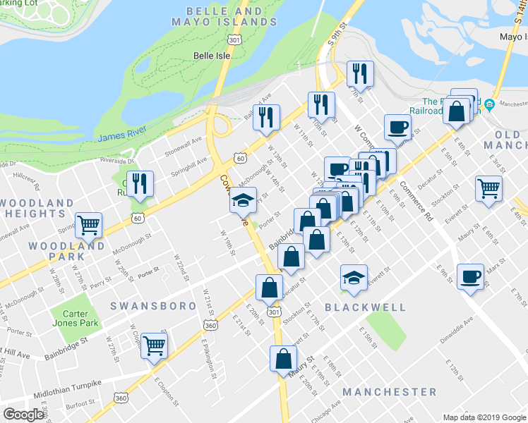 map of restaurants, bars, coffee shops, grocery stores, and more near 221 Cowardin Avenue in Richmond