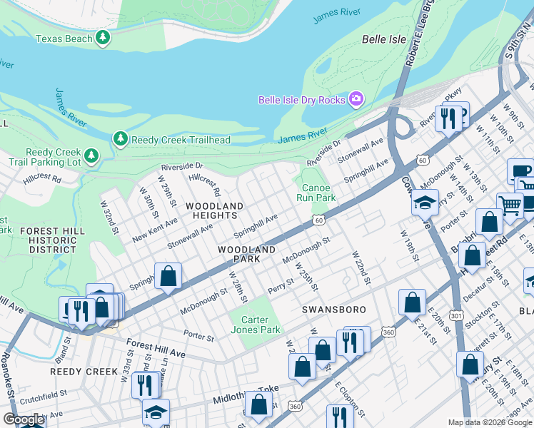 map of restaurants, bars, coffee shops, grocery stores, and more near 600 West 25th Street in Richmond