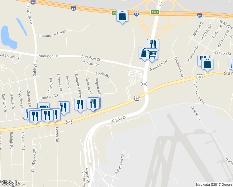 map of restaurants, bars, coffee shops, grocery stores, and more near 5724 Linda Road in Sandston